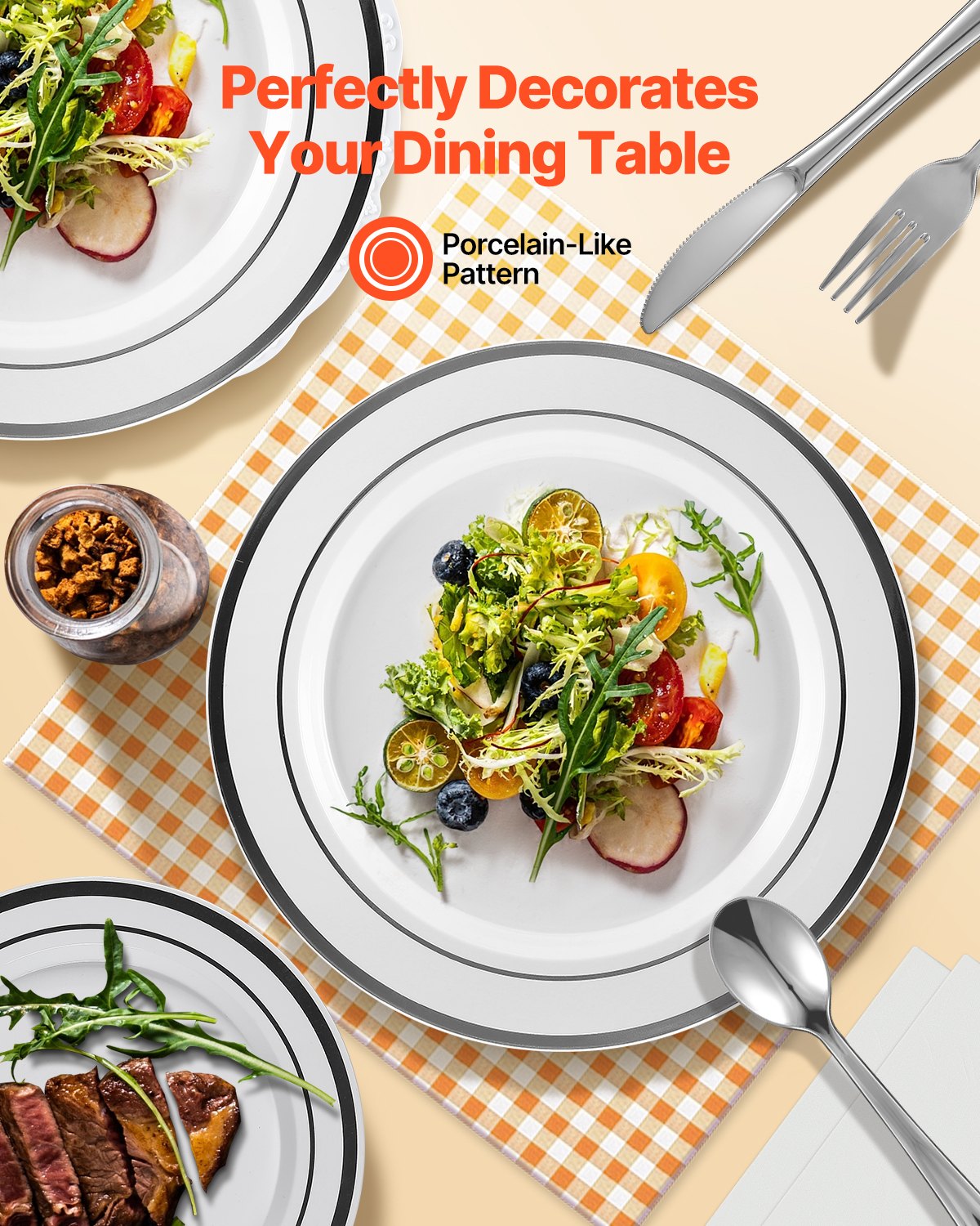 VEVOR Plastic Disposable Plates, 350 Pcs Plastic Dinnerware Set, Include 50 Dinner Plates, 50 Dessert Plates, 50 Pre-Rolled Napkins, 50 Forks, 50 Knives, 50 Spoons, and 50 Cups, for Party and Wedding