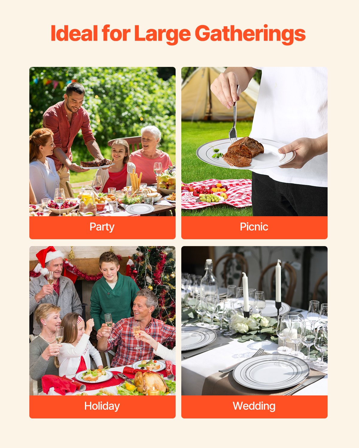 VEVOR Plastic Disposable Plates, 350 Pcs Plastic Dinnerware Set, Include 50 Dinner Plates, 50 Dessert Plates, 50 Pre-Rolled Napkins, 50 Forks, 50 Knives, 50 Spoons, and 50 Cups, for Party and Wedding