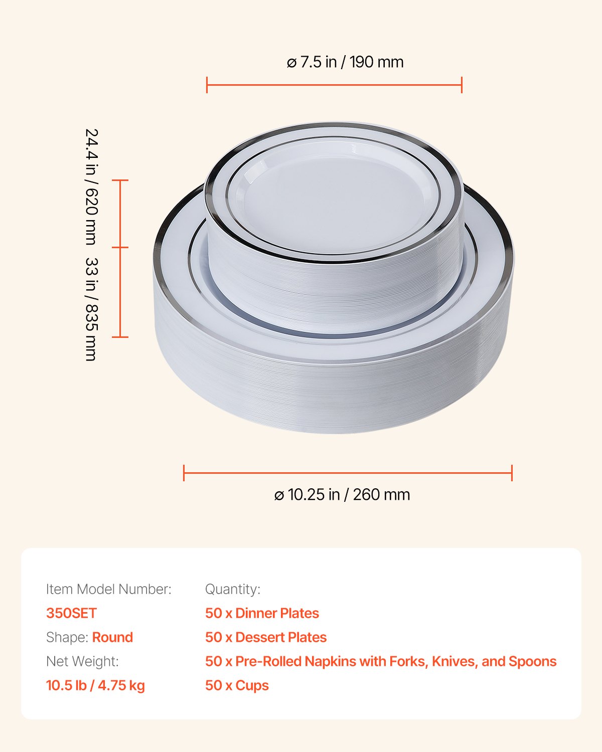 VEVOR Plastic Disposable Plates, 350 Pcs Plastic Dinnerware Set, Include 50 Dinner Plates, 50 Dessert Plates, 50 Pre-Rolled Napkins, 50 Forks, 50 Knives, 50 Spoons, and 50 Cups, for Party and Wedding
