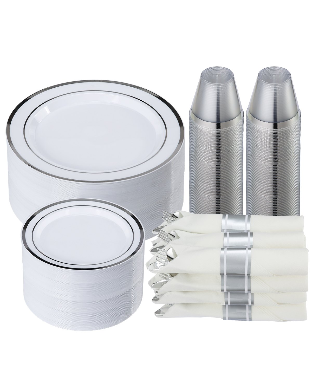 VEVOR Plastic Disposable Plates, 350 Pcs Plastic Dinnerware Set, Include 50 Dinner Plates, 50 Dessert Plates, 50 Pre-Rolled Napkins, 50 Forks, 50 Knives, 50 Spoons, and 50 Cups, for Party and Wedding