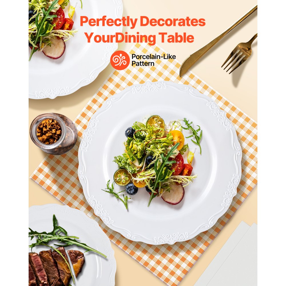 VEVOR Plastic Disposable Plates, 100 Pcs White Plastic Plates, Heavy Duty Plastic Plates with 50 Pcs 9.8 Inch Plastic Dinner Plates and 50 Pcs 7.5 Inch Plastic Dessert Plates, for Wedding and Party