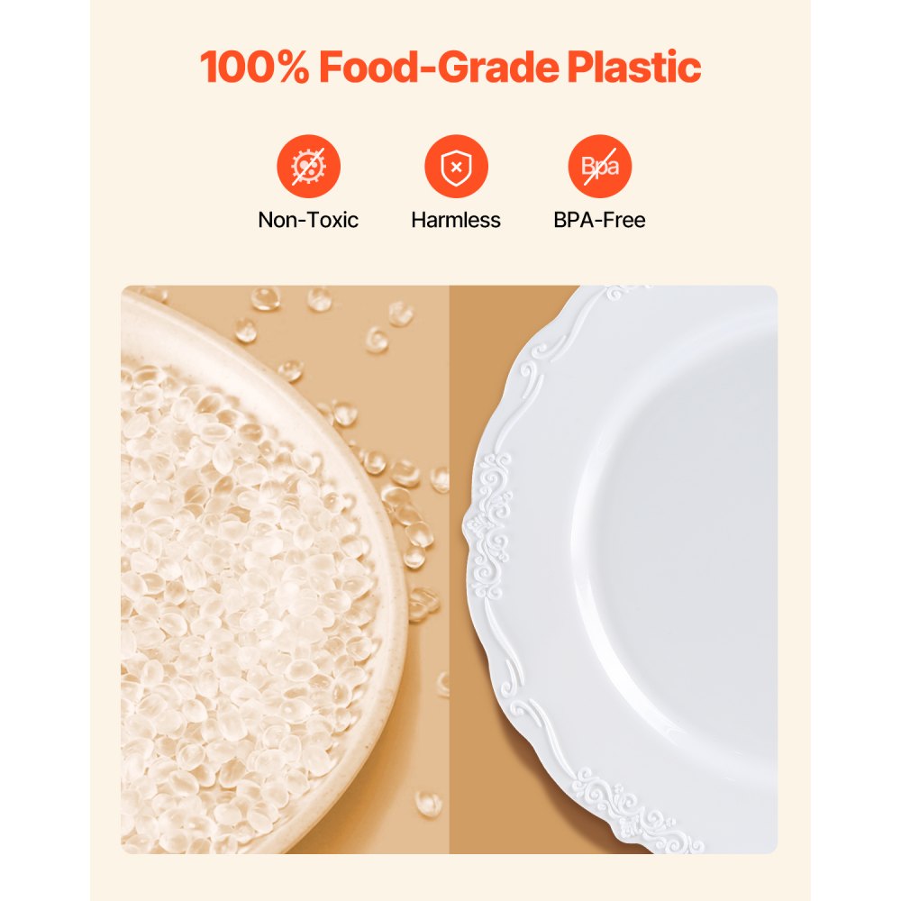 VEVOR Plastic Disposable Plates, 100 Pcs White Plastic Plates, Heavy Duty Plastic Plates with 50 Pcs 9.8 Inch Plastic Dinner Plates and 50 Pcs 7.5 Inch Plastic Dessert Plates, for Wedding and Party