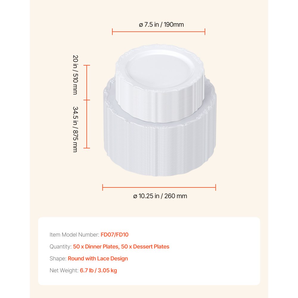 VEVOR Plastic Disposable Plates, 100 Pcs White Plastic Plates, Heavy Duty Plastic Plates with 50 Pcs 9.8 Inch Plastic Dinner Plates and 50 Pcs 7.5 Inch Plastic Dessert Plates, for Wedding and Party