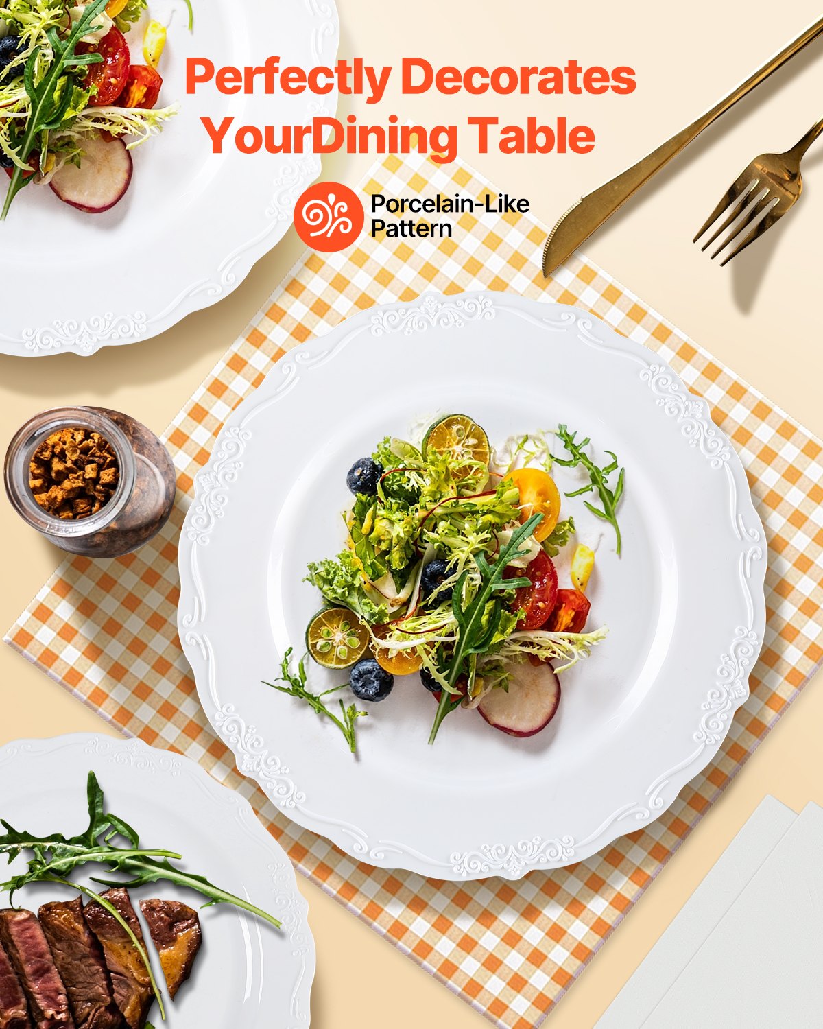 VEVOR Plastic Disposable Plates, 100 Pcs White Plastic Plates, Heavy Duty Plastic Plates with 50 Pcs 9.8 Inch Plastic Dinner Plates and 50 Pcs 7.5 Inch Plastic Dessert Plates, for Wedding and Party