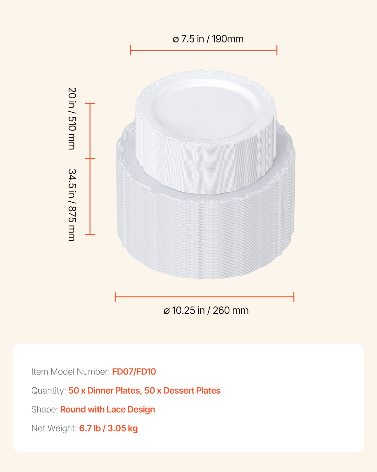 VEVOR Plastic Disposable Plates, 100 Pcs White Plastic Plates, Heavy Duty Plastic Plates with 50 Pcs 9.8 Inch Plastic Dinner Plates and 50 Pcs 7.5 Inch Plastic Dessert Plates, for Wedding and Party