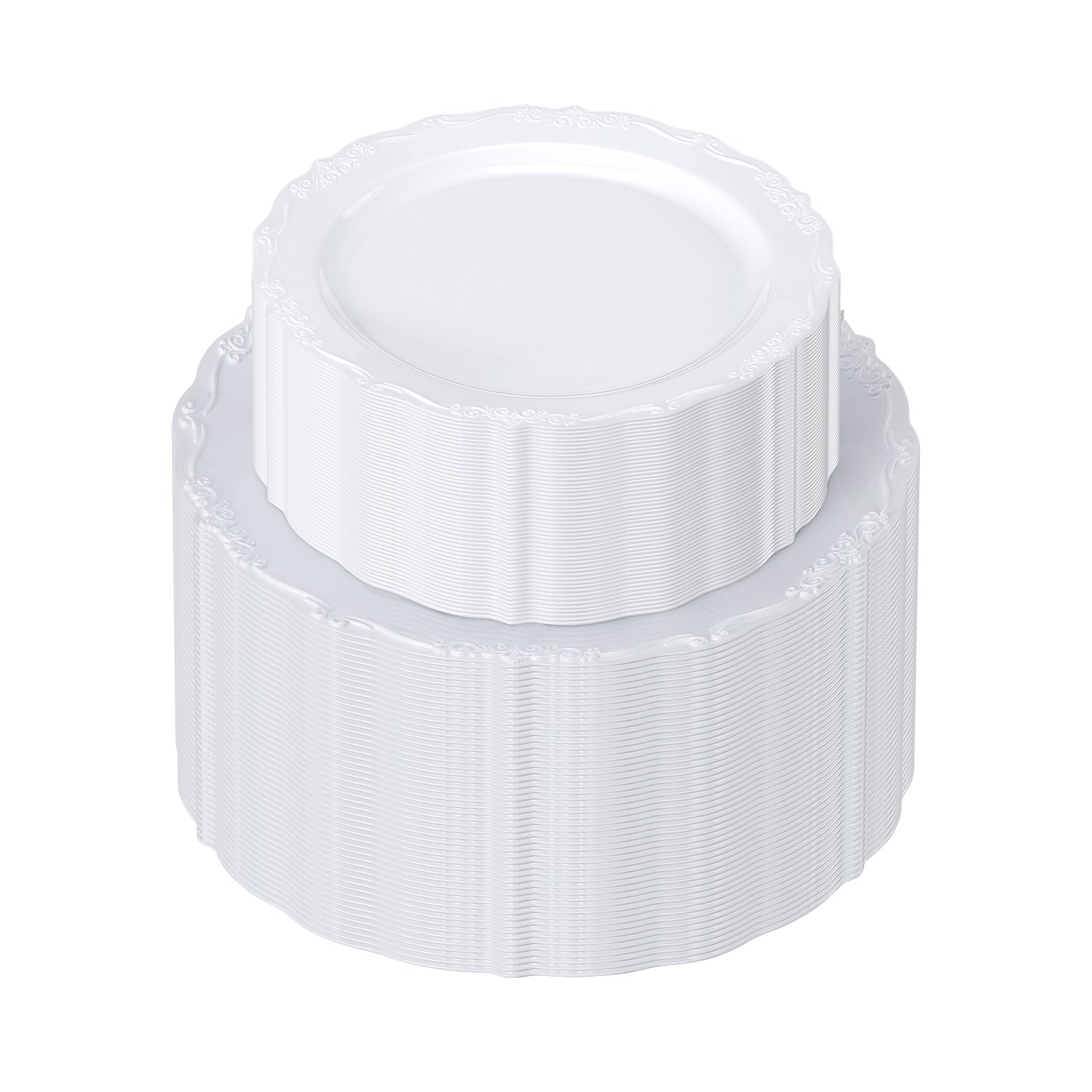 VEVOR Plastic Disposable Plates, 100 Pcs White Plastic Plates, Heavy Duty Plastic Plates with 50 Pcs 9.8 Inch Plastic Dinner Plates and 50 Pcs 7.5 Inch Plastic Dessert Plates, for Wedding and Party
