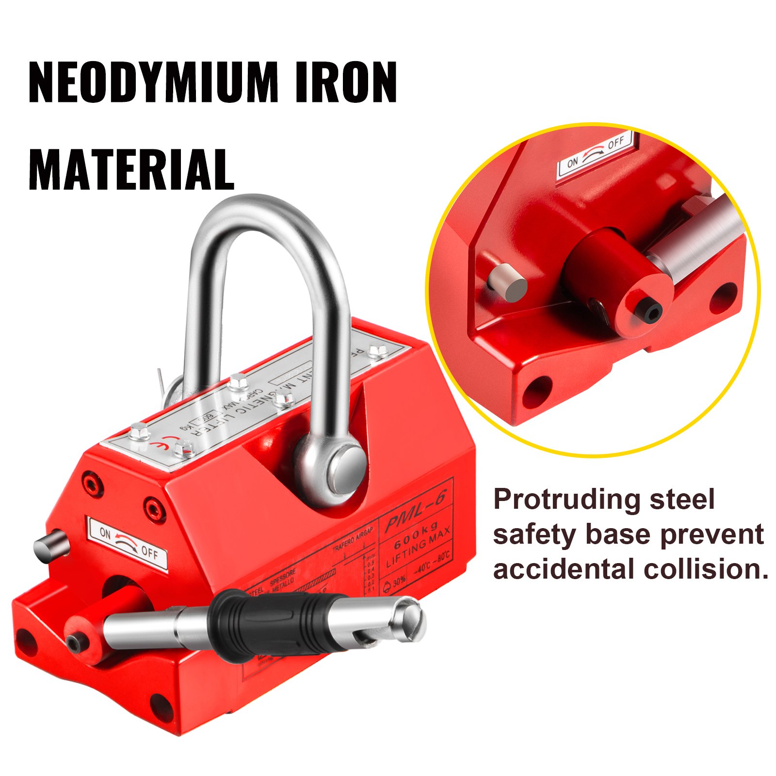 VEVOR Magnetic Lifter, 1300LBS Lifting Capability Lifting Magnet, 600KG Hoist Magnet, Neodymium Iron Permanent Magnet Crane, Heavy Duty for Lifting Steel Sheets, Plates, Blocks, and Cylinders