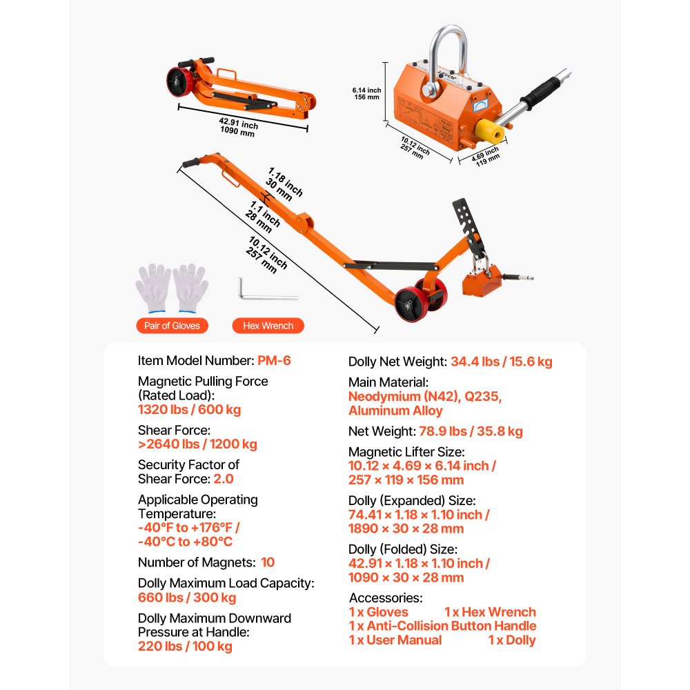 VEVOR Magnetic Lid Lifter Dolly, 600 kg Pulling Capacity, Steel Dolly with Heavy Duty Magnet Lift and 2 Wheels, Adjustable Handle, N42 Neodymium, Foldable and Portable, for Lifting Manhole Covers