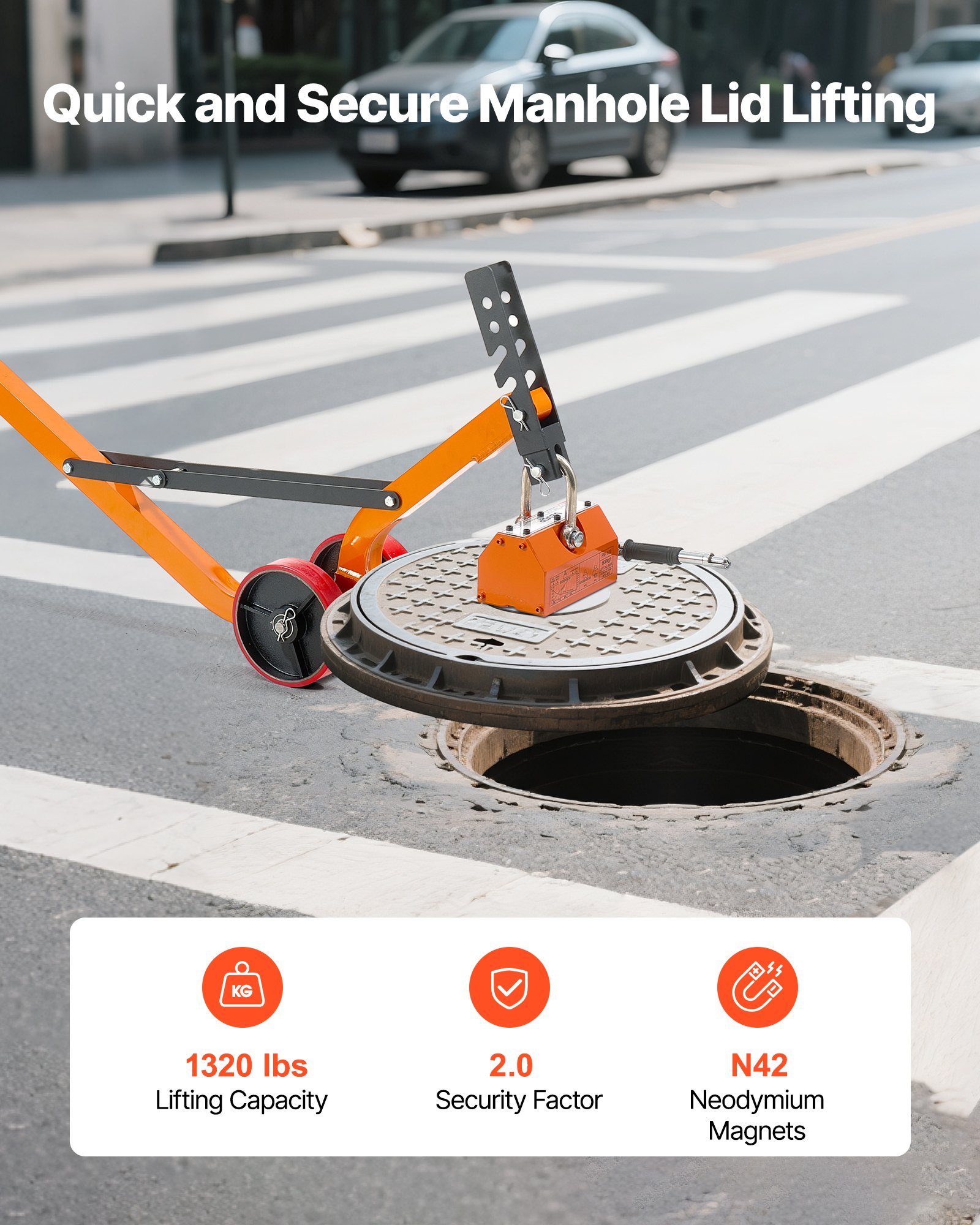 VEVOR Magnetic Lid Lifter Dolly, 600 kg Pulling Capacity, Steel Dolly with Heavy Duty Magnet Lift and 2 Wheels, Adjustable Handle, N42 Neodymium, Foldable and Portable, for Lifting Manhole Covers