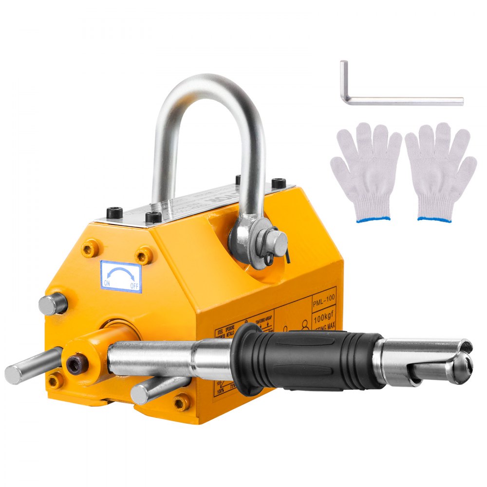 VEVOR magnetic lifter with handle, safety gloves, and hex key for lifting heavy objects.