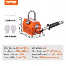 VEVOR Magnetic Lifter, 220 lbs/100 kg Pulling Capacity, 2.5 Safety Factor, Neodymium & Steel, Lifting Magnet with Release, Permanent Lift Magnets, Heavy Duty Magnet for Hoist, Shop Crane, Block, Board