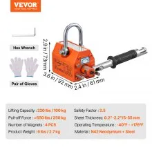 VEVOR Magnetic Lifter, 220 lbs/100 kg Pulling Capacity, 2.5 Safety Factor, Neodymium & Steel, Lifting Magnet with Release, Permanent Lift Magnets, Heavy Duty Magnet for Hoist, Shop Crane, Block, Board