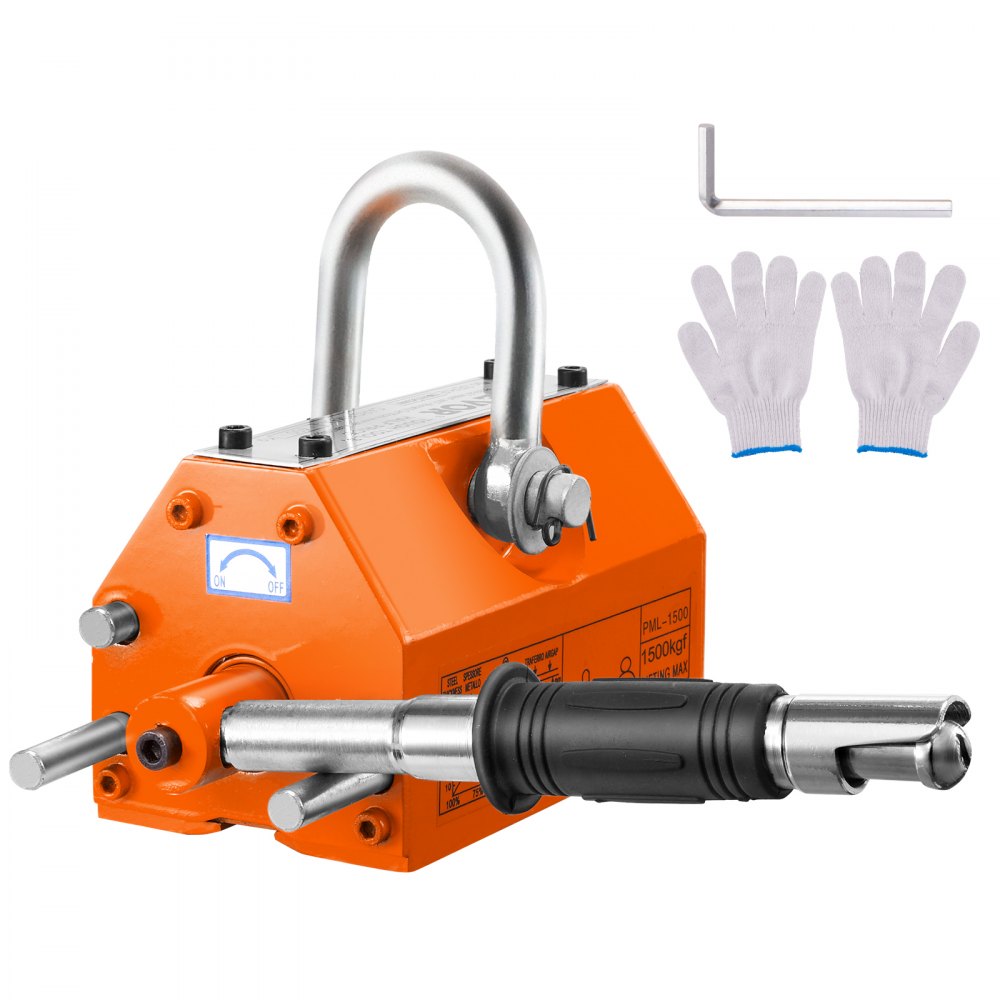 VEVOR magnetic lifter with yellow body, metal handle, control switch, gloves, and allen wrench.