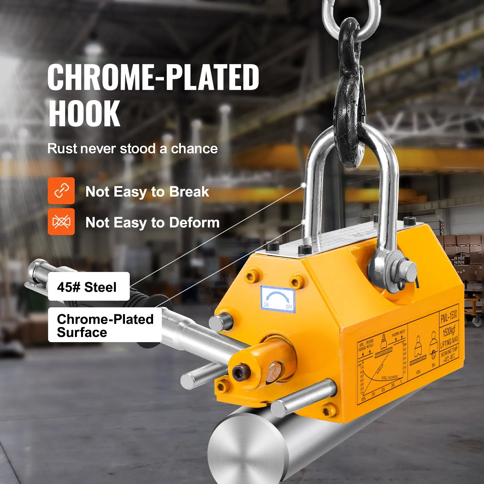 VEVOR magnetic lifter with chrome-plated hook, 45# steel, highlighting durability and rust resistance.
