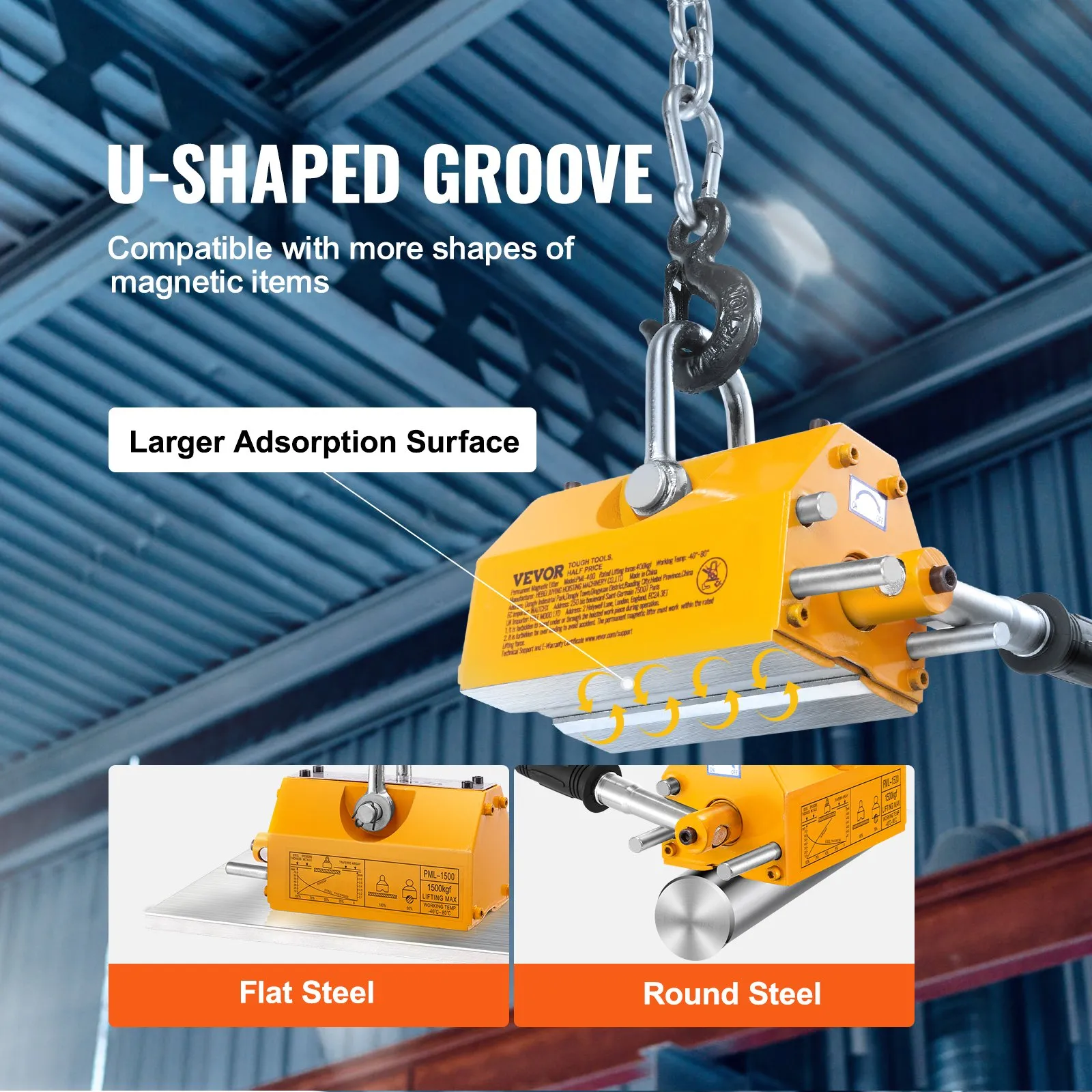 VEVOR magnetic lifter with u-shaped groove lifting flat and round steel in an industrial setting.