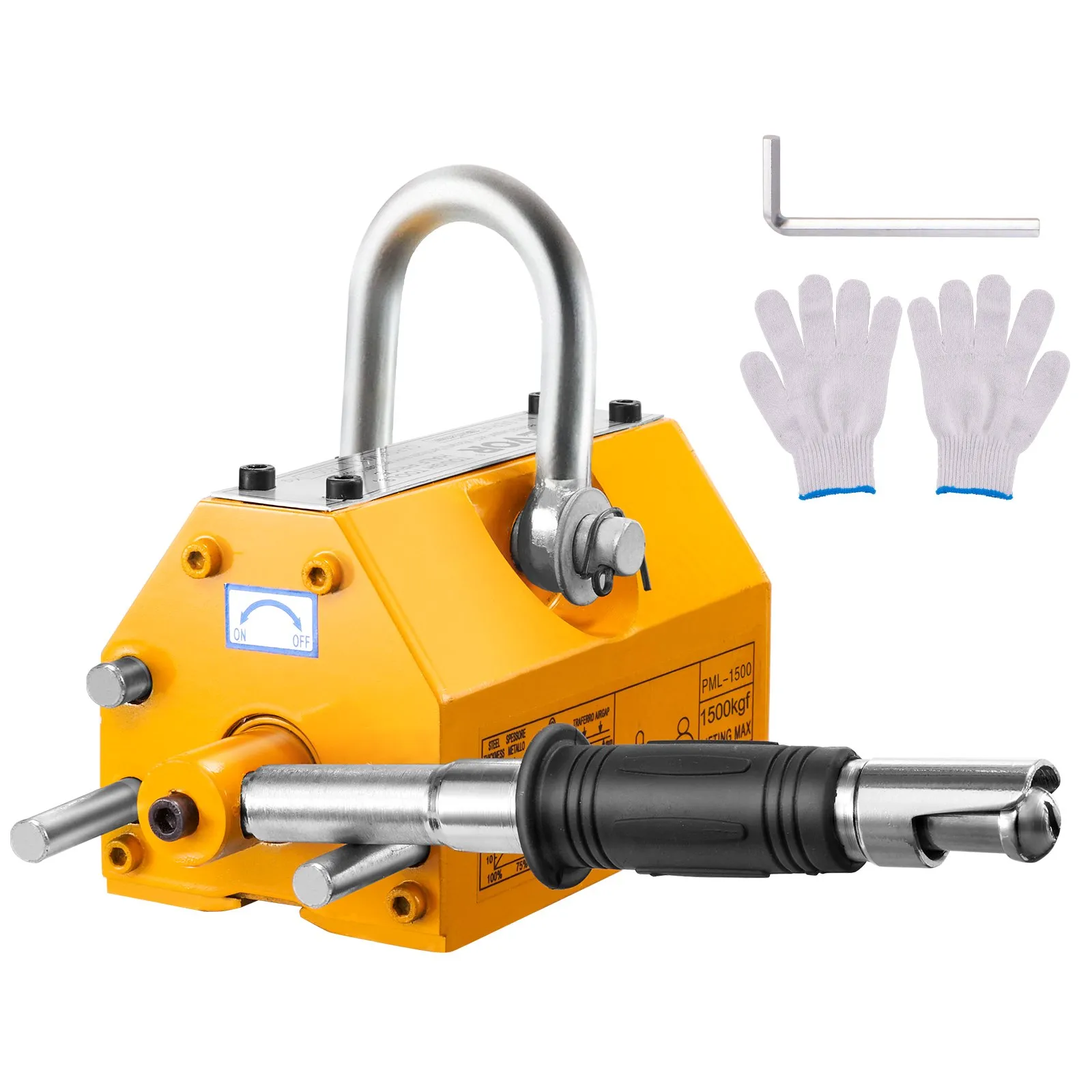 VEVOR magnetic lifter with yellow body, metal handle, control switch, gloves, and allen wrench.