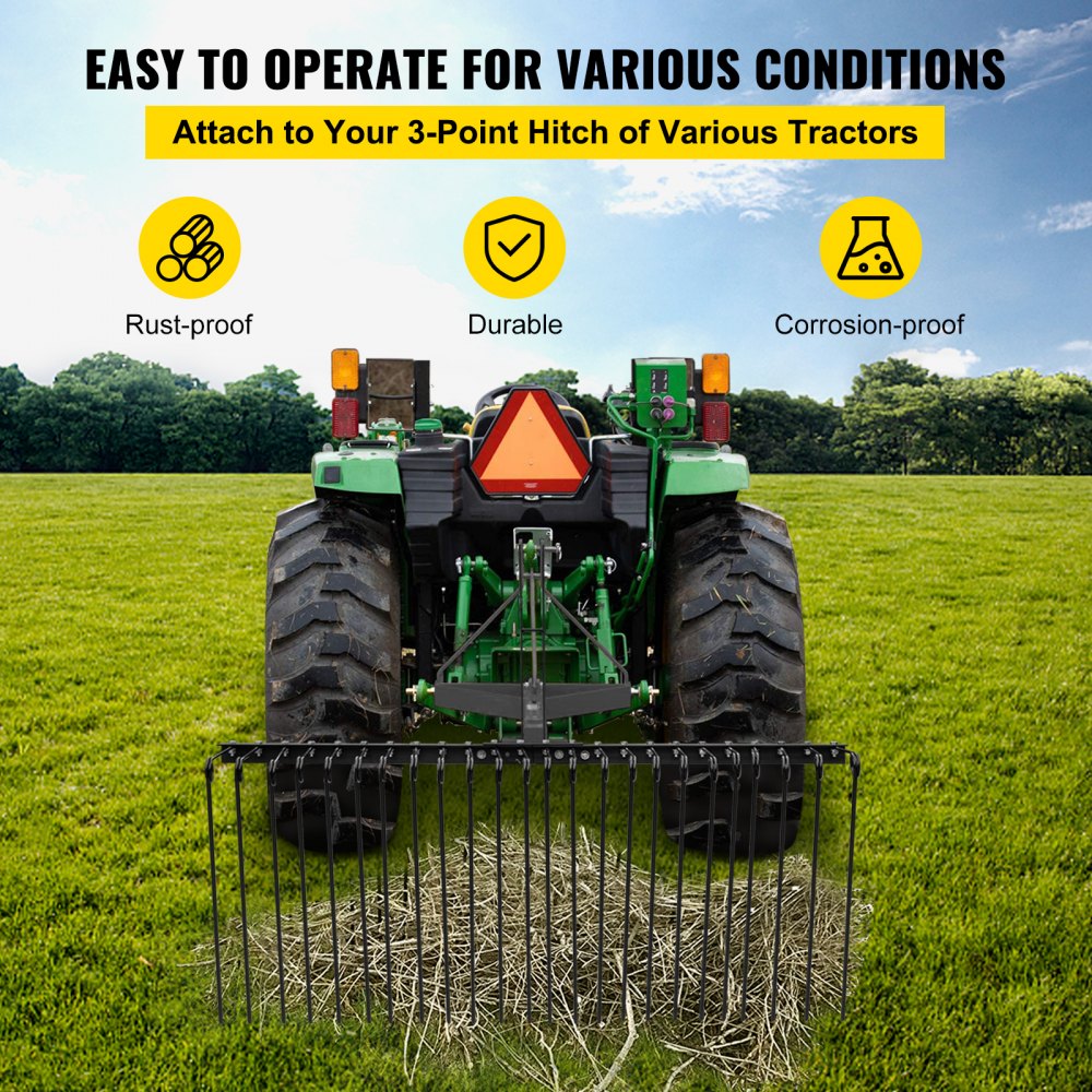 VEVOR Landscape Rake, 60 Inch Wide Tractor Rake, 3-Point Tow Behind Rake with 25.6 Inch Spring Tines, Black Pine Straw Needle Rake Dethatcher, Garden Driveway Rake for ATV UTV and Utility Tractors