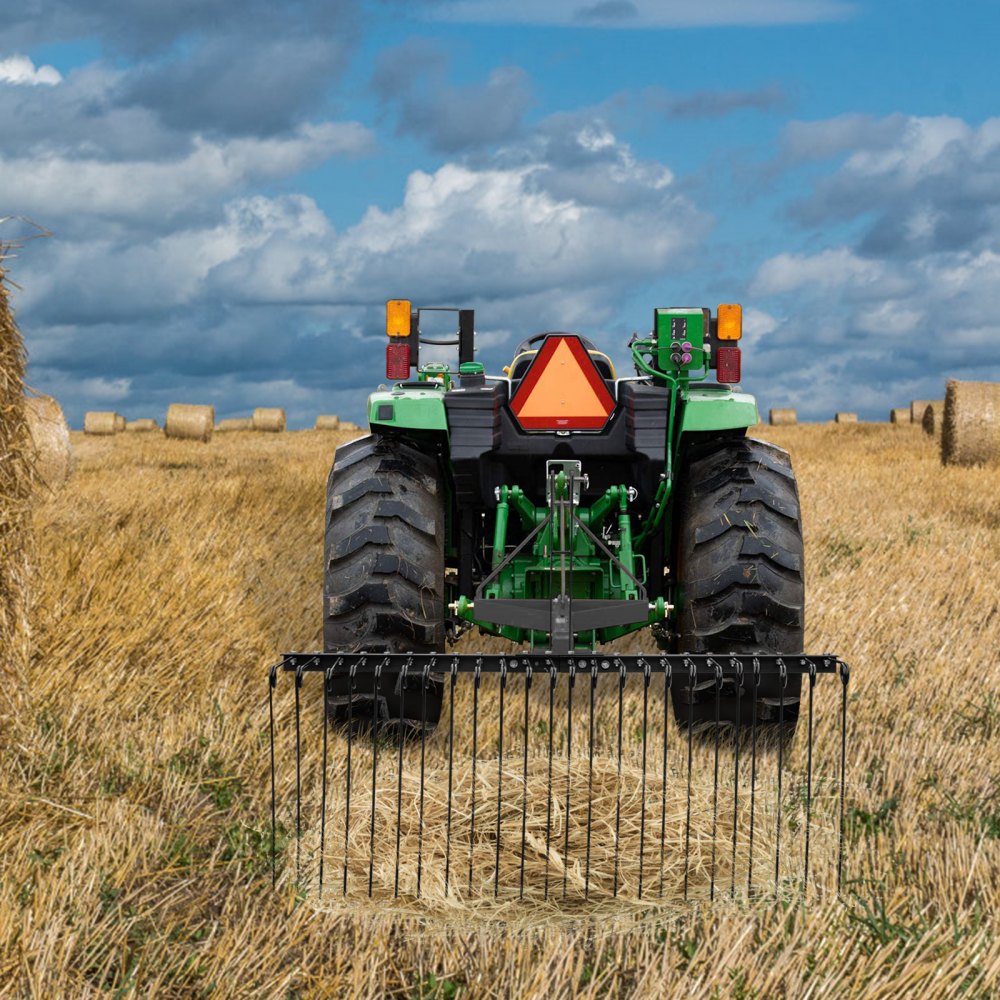 VEVOR Landscape Rake, 60 Inch Wide Tractor Rake, 3-Point Tow Behind Rake with 25.6 Inch Spring Tines, Black Pine Straw Needle Rake Dethatcher, Garden Driveway Rake for ATV UTV and Utility Tractors