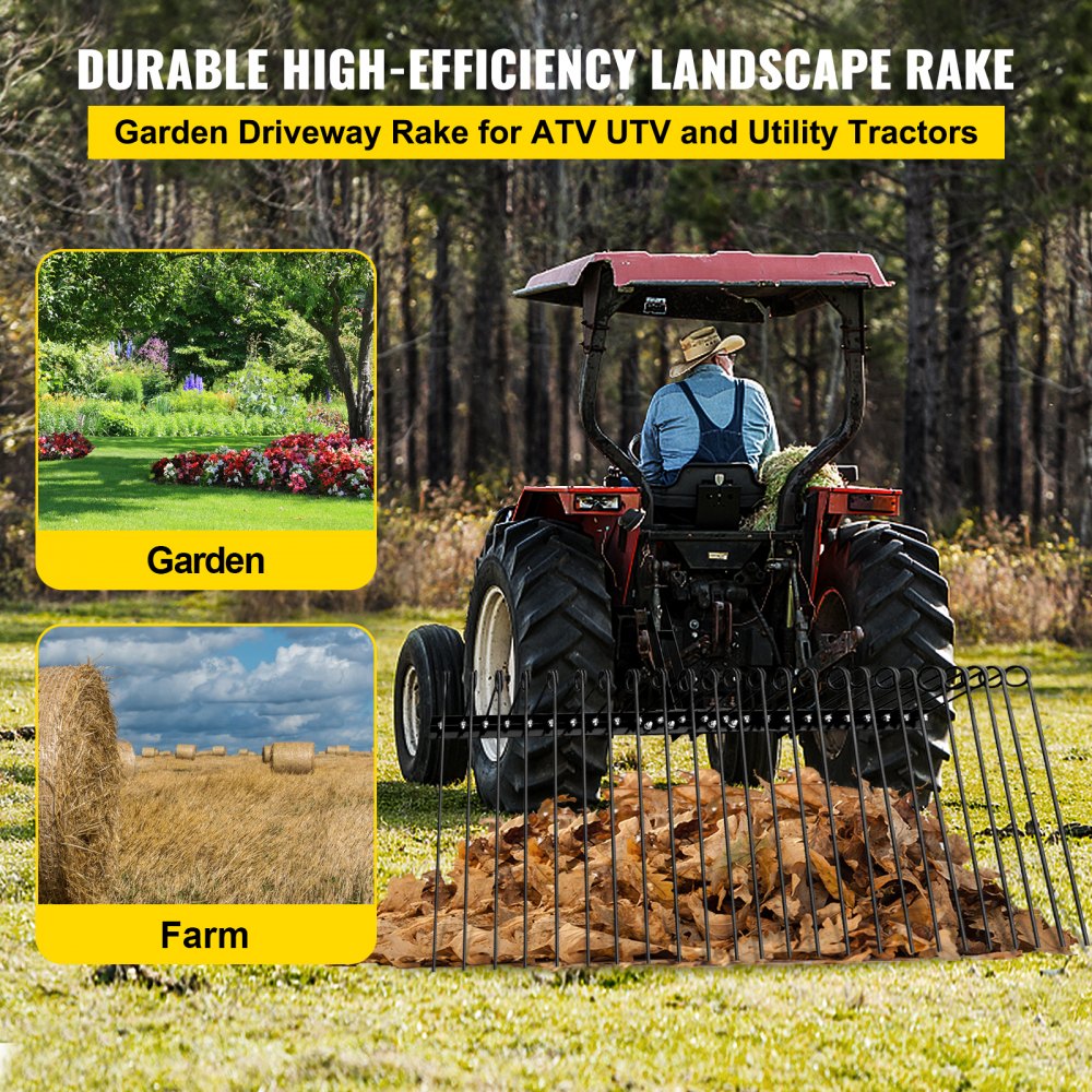 VEVOR Landscape Rake, 60 Inch Wide Tractor Rake, 3-Point Tow Behind Rake  with 25.6 Inch Spring Tines, Black Pine Straw Needle Rake Dethatcher,  Garden