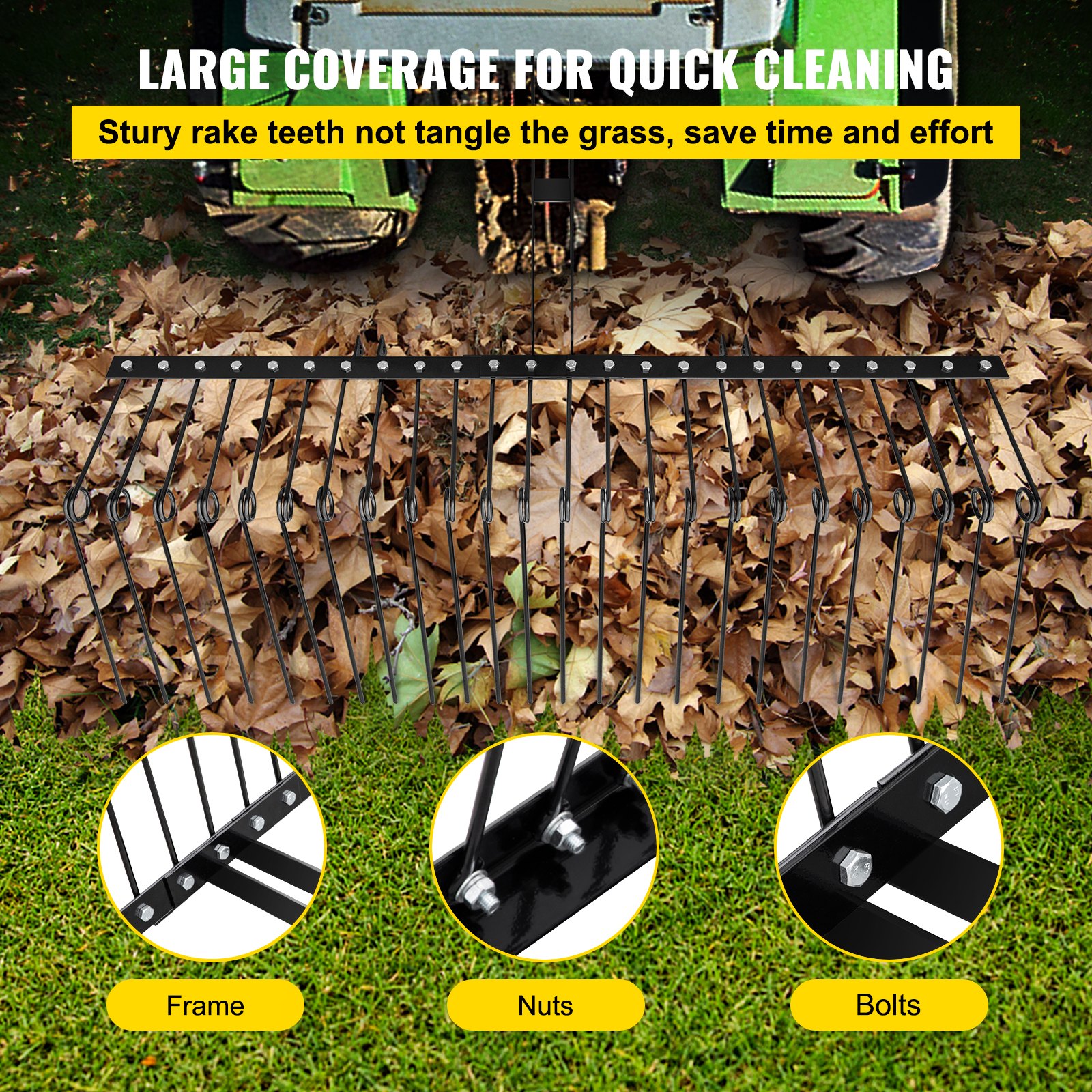 VEVOR Landscape Rake, 60 Inch Wide Tractor Rake, 3-Point Tow Behind Rake with 25.6 Inch Spring Tines, Black Pine Straw Needle Rake Dethatcher, Garden Driveway Rake for ATV UTV and Utility Tractors