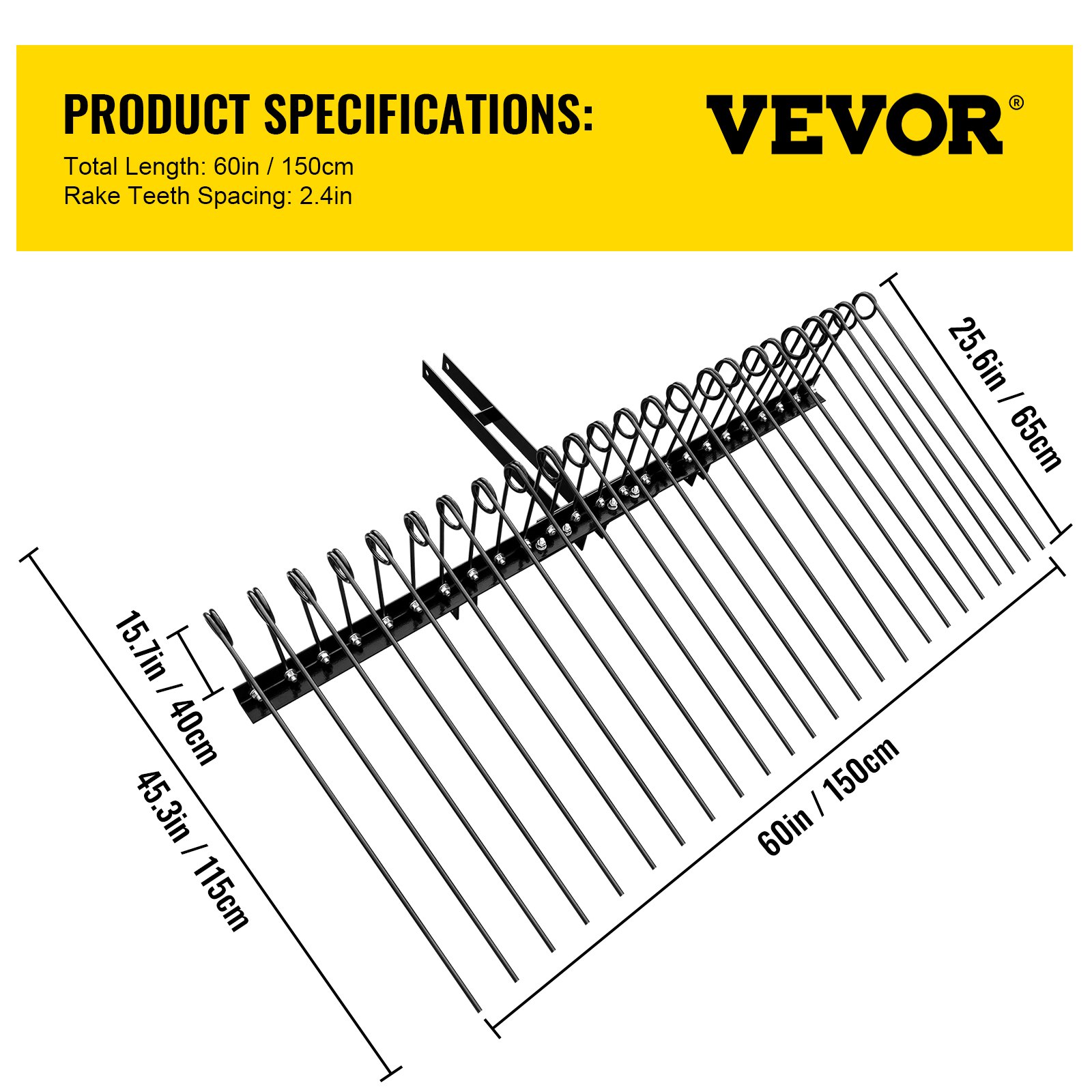 Vevor Pine Straw Rake Outdoor Landscape Rake 60" For Atv Utv Utility Tractor
