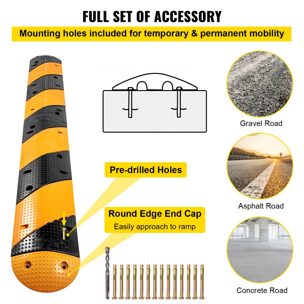 VEVOR Rubber Speed Bump, 2 Pack 2 Channel Speed Bump Hump, 40" Long Modular Speed Bump Rated 22000 LBS Loading, 40.2 x 11.8 x 2.4 Garage Speed Bump for Asphalt Concrete Gravel Driveway with 2 End Cap