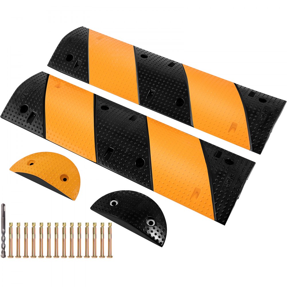 VEVOR Rubber Speed Bump, 2 Pack 2 Channel Speed Bump Hump, 40" Long Modular Speed Bump Rated 22000 LBS Loading, 40.2 x 11.8 x 2.4 Garage Speed Bump for Asphalt Concrete Gravel Driveway with 2 End Cap