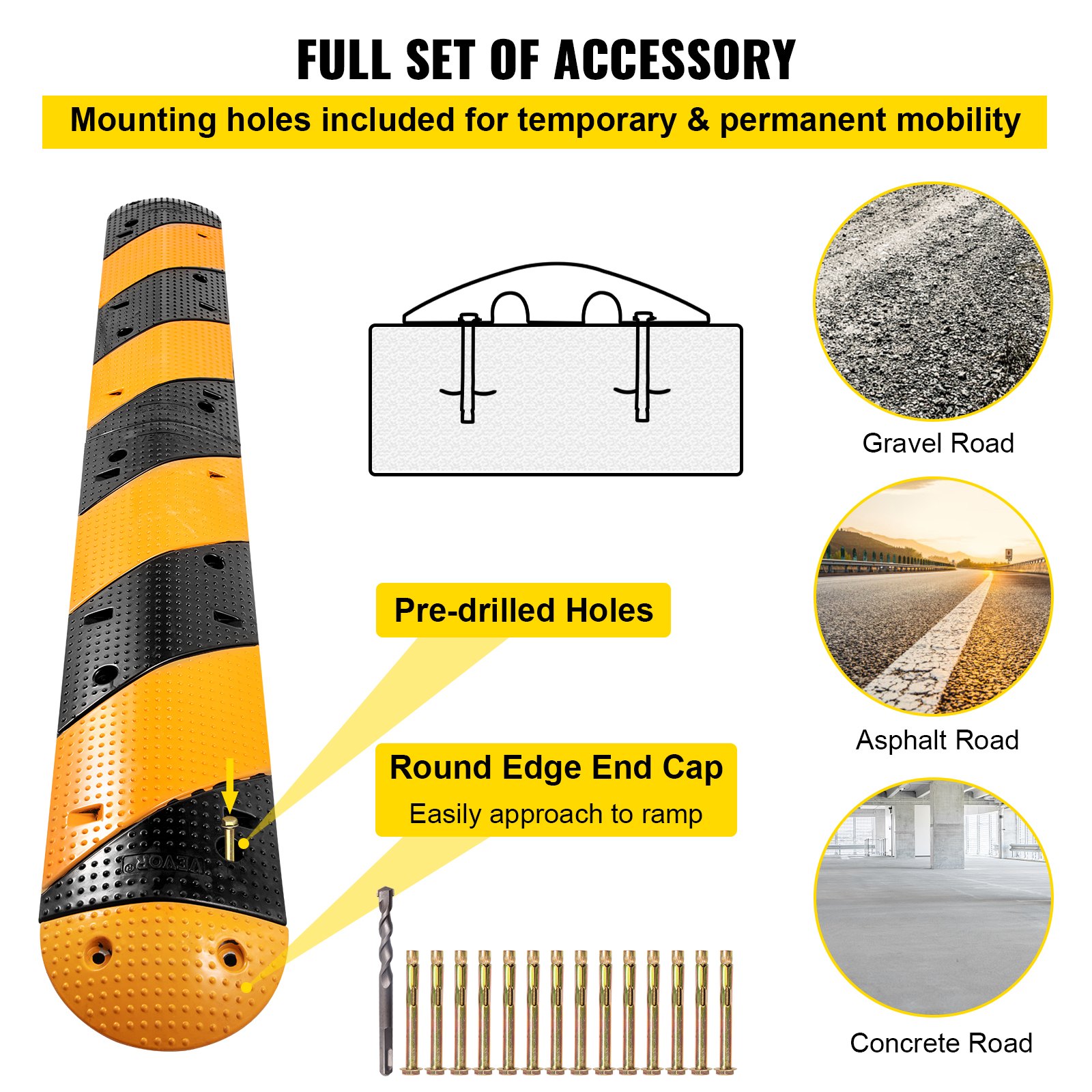 VEVOR Rubber Speed Bump, 2 Pack 2 Channel Speed Bump Hump, 40" Long Modular Speed Bump Rated 22000 LBS Loading, 40.2 x 11.8 x 2.4 Garage Speed Bump for Asphalt Concrete Gravel Driveway with 2 End Cap
