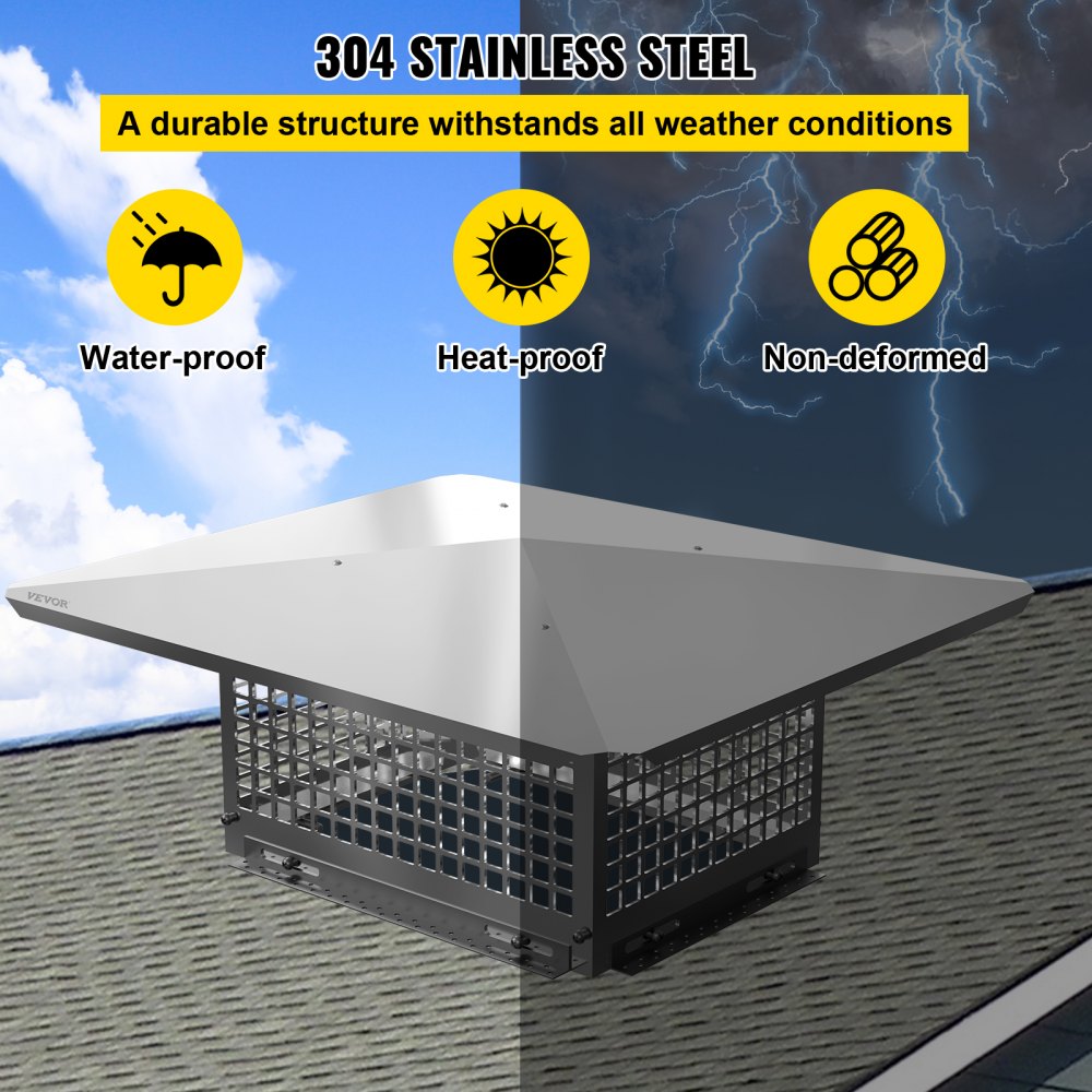 VEVOR Chimney Cap, 8\" x 13\" Flue Caps, 304 Stainless Steel Fireplace Chimney Cover, Adjustable Metal Spark Arrestor with Bolts Screws, Mesh Chimney Flue Cover for Outside Existing Clay Flue Tile