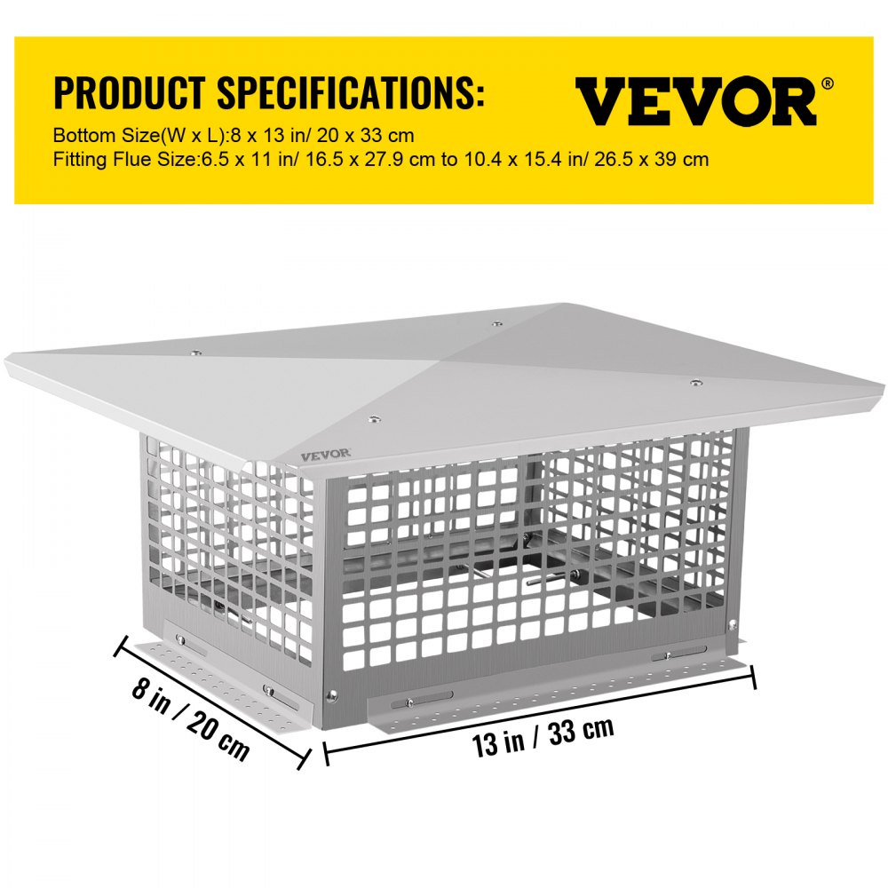 VEVOR Chimney Cap, 8\" x 13\" Flue Caps, 304 Stainless Steel Fireplace Chimney Cover, Adjustable Metal Spark Arrestor with Bolts Screws, Mesh Chimney Flue Cover for Outside Existing Clay Flue Tile