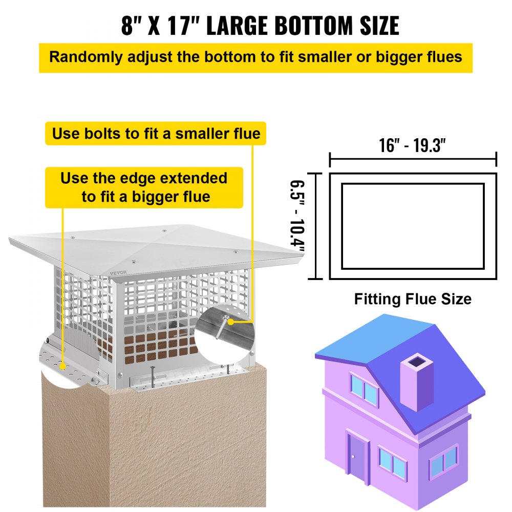 VEVOR Chimney Cap, 8\" x 17\" Flue Caps, 304 Stainless Steel Fireplace Chimney Cover, Adjustable Metal Spark Arrestor with Bolts Screws, Mesh Chimney Flue Cover for Outside Existing Clay Flue Tile