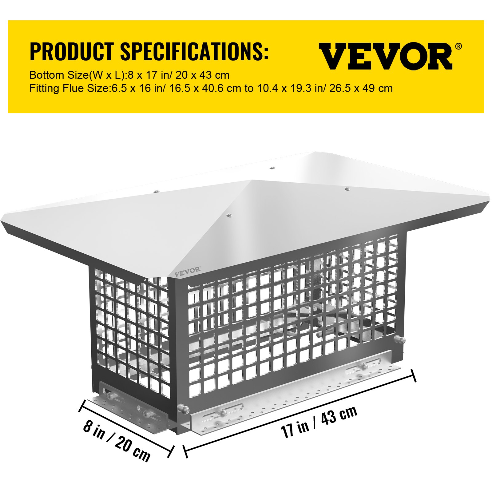 VEVOR Chimney Cap, 8\" x 17\" Flue Caps, 304 Stainless Steel Fireplace Chimney Cover, Adjustable Metal Spark Arrestor with Bolts Screws, Mesh Chimney Flue Cover for Outside Existing Clay Flue Tile