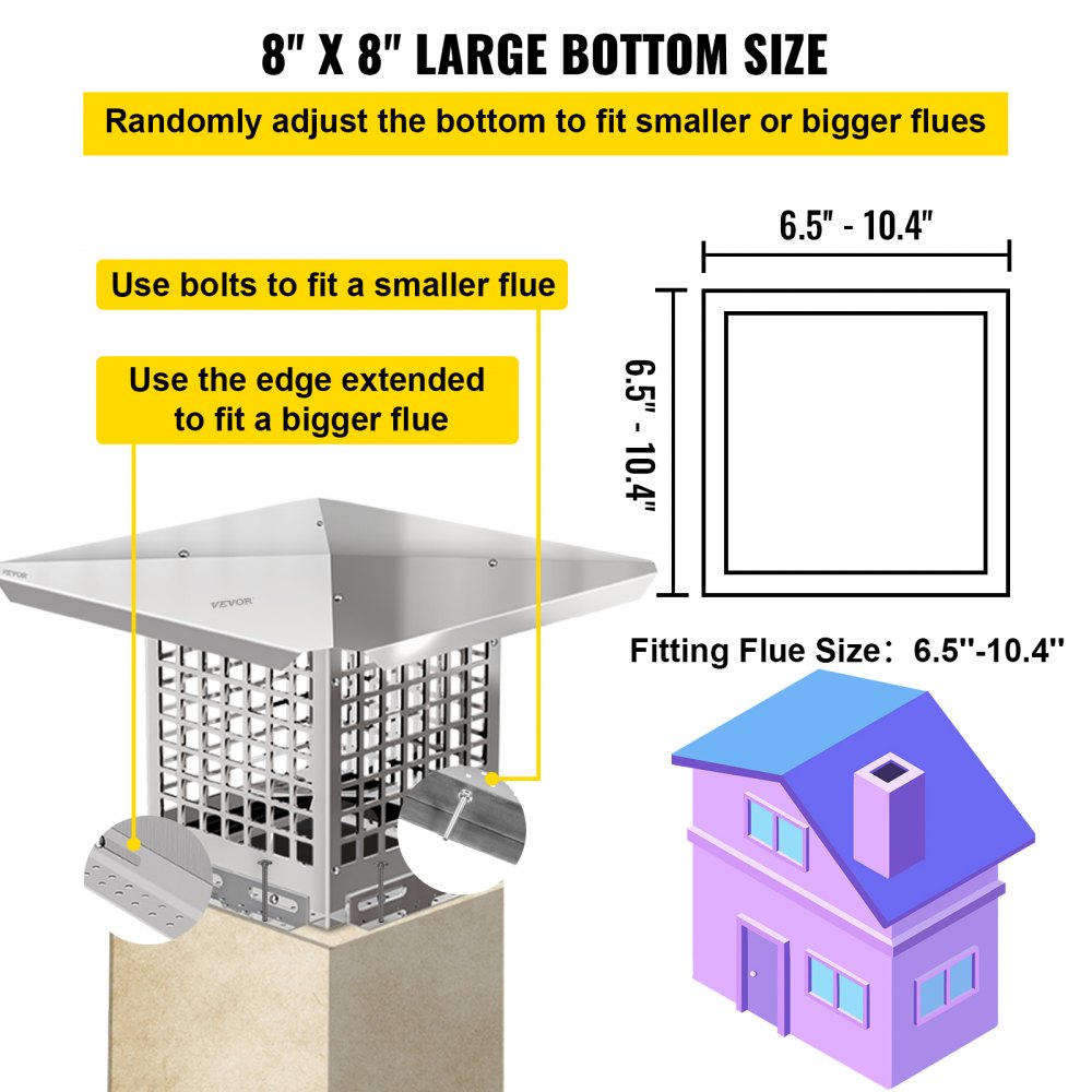 VEVOR Chimney Cap, 8\" x 8\" Flue Caps, 304 Stainless Steel Fireplace Chimney Cover, Adjustable Metal Spark Arrestor with Bolts Screws, Mesh Chimney Flue Cover for Outside Existing Clay Flue Tile