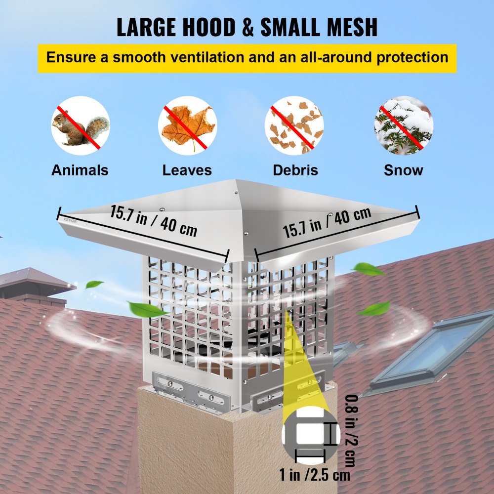 VEVOR Chimney Cap, 8\" x 8\" Flue Caps, 304 Stainless Steel Fireplace Chimney Cover, Adjustable Metal Spark Arrestor with Bolts Screws, Mesh Chimney Flue Cover for Outside Existing Clay Flue Tile