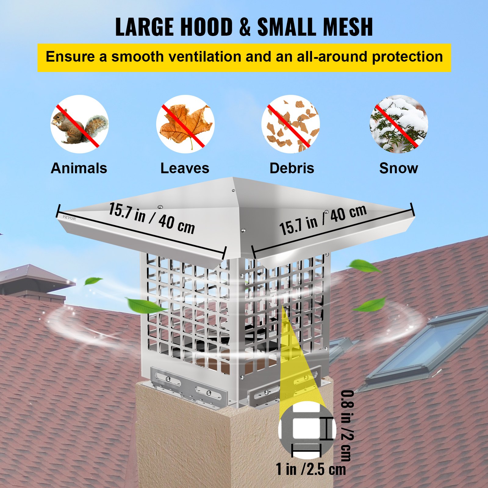 VEVOR Chimney Cap, 8\" x 8\" Flue Caps, 304 Stainless Steel Fireplace Chimney Cover, Adjustable Metal Spark Arrestor with Bolts Screws, Mesh Chimney Flue Cover for Outside Existing Clay Flue Tile