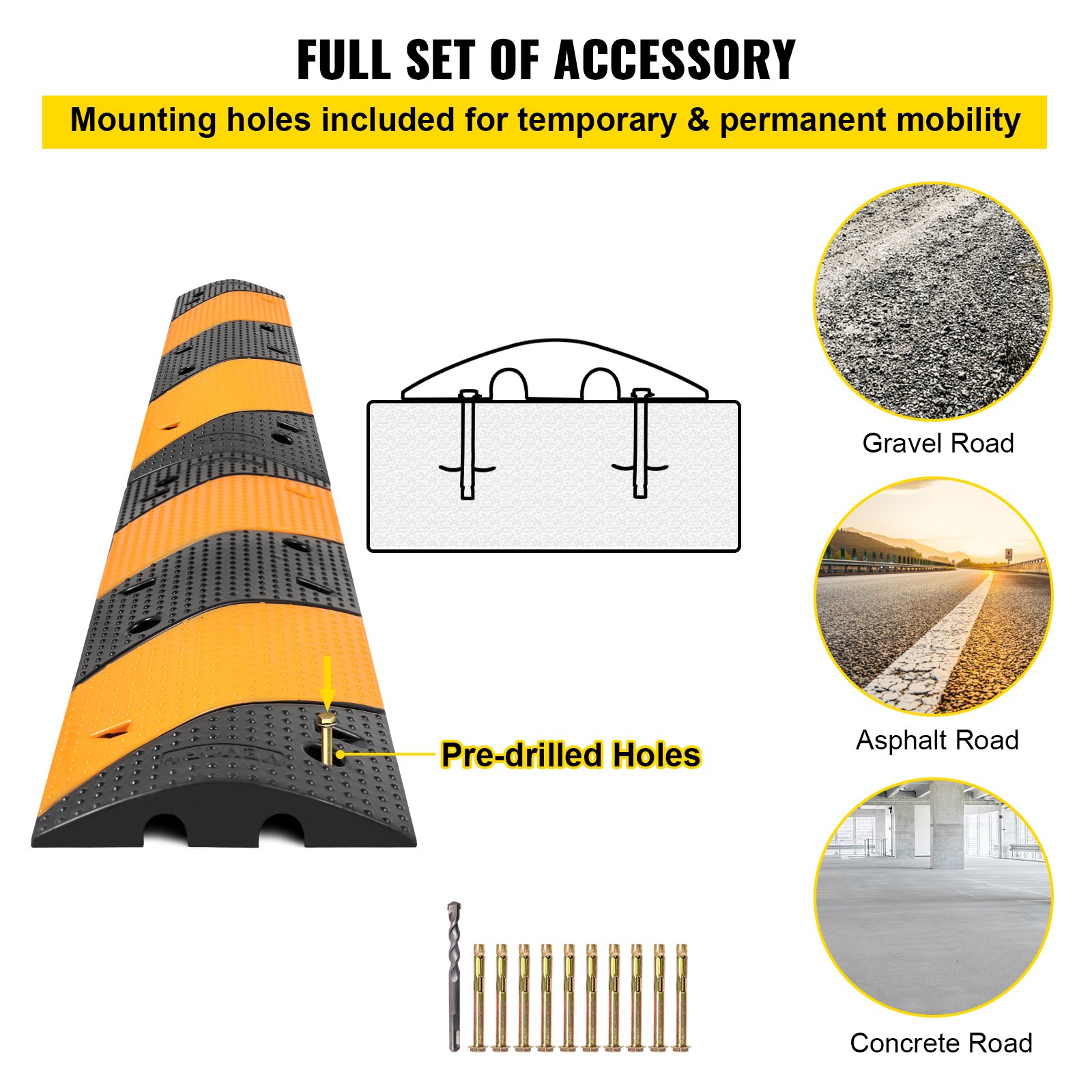 VEVOR Rubber Speed Bump, 2 Pack 2 Channel Speed Bump Hump, 42\" Long Modular Speed Bump Rated 22000 LBS Load Capacity, 40.2 x 11.8 x 2.4 inch Garage Speed Bump for Asphalt Concrete Gravel Driveway