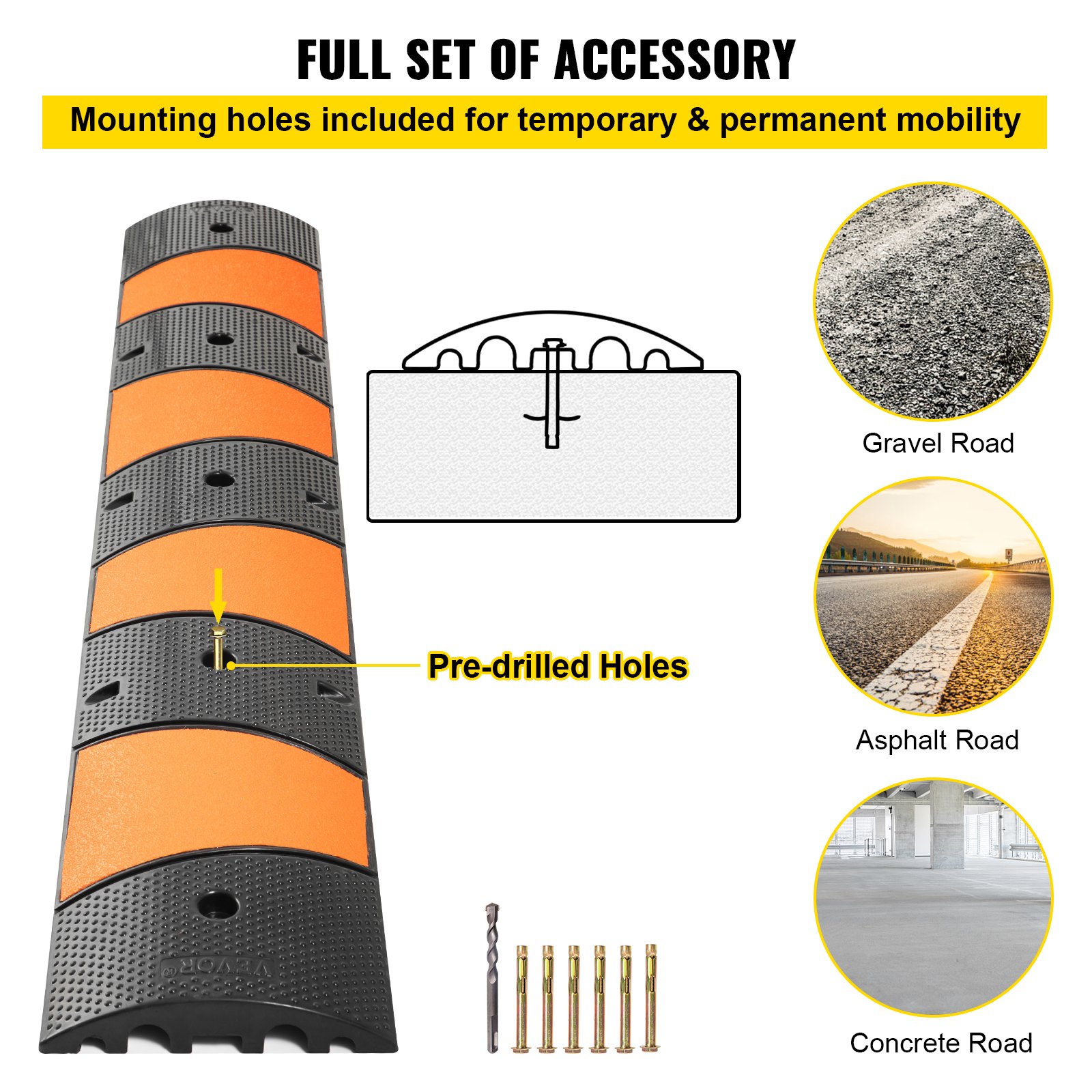 VEVOR Rubber Speed Bump, 1 Pack 2 Channel Speed Bump Hump, 72.8\" Long Modular Speed Bump Rated 22000 LBS Load Capacity, 72.8 x 12.2 x 2.2 Garage Speed Bump for Asphalt Concrete Gravel Driveway-6 FT