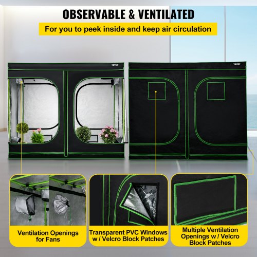 VEVOR Grow Tent, 96" x 96" x 80" Hydroponics Mylar Grow Room with Observation Windows and Removable Floor Tray, 100% Lightproof Big Grow Closet for Indoor Plants Growing - 8'x8' Reflective Plant Tent