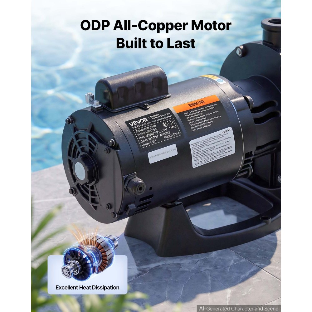 VEVOR Booster Pump 1.5 HP 16.5 GPM ODP Motor for Pressure Side Pool Cleaner, AC 120V Pool Booster Pump, 125 ft Max Head, NPT 3/4 in Inlet/Outlet, Wide Compatibility, Quick Connect Easy Installation