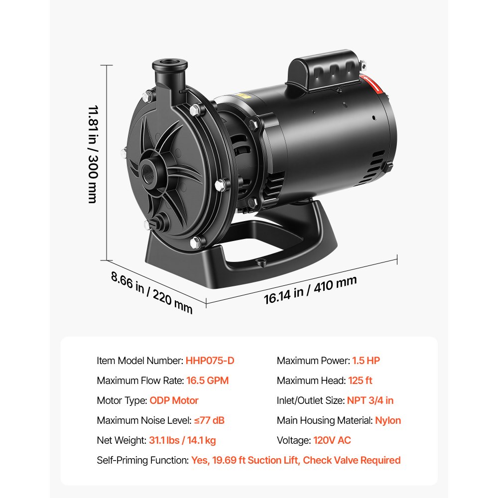 VEVOR Booster Pump 1.5 HP 16.5 GPM ODP Motor for Pressure Side Pool Cleaner, AC 120V Pool Booster Pump, 125 ft Max Head, NPT 3/4 in Inlet/Outlet, Wide Compatibility, Quick Connect Easy Installation