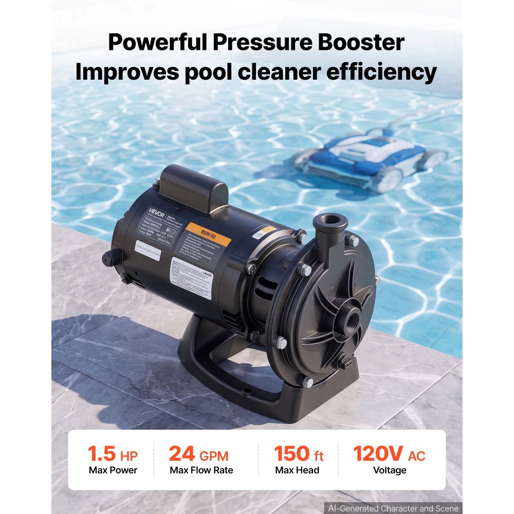 VEVOR Booster Pump 1.5 HP 24 GPM ODP Motor for Pressure Side Pool Cleaners, AC 120V Pool Booster Pump, 150 ft Max Head, NPT 3/4 in Inlet/Outlet, Wide Compatibility, Quick Connect Easy Installation
