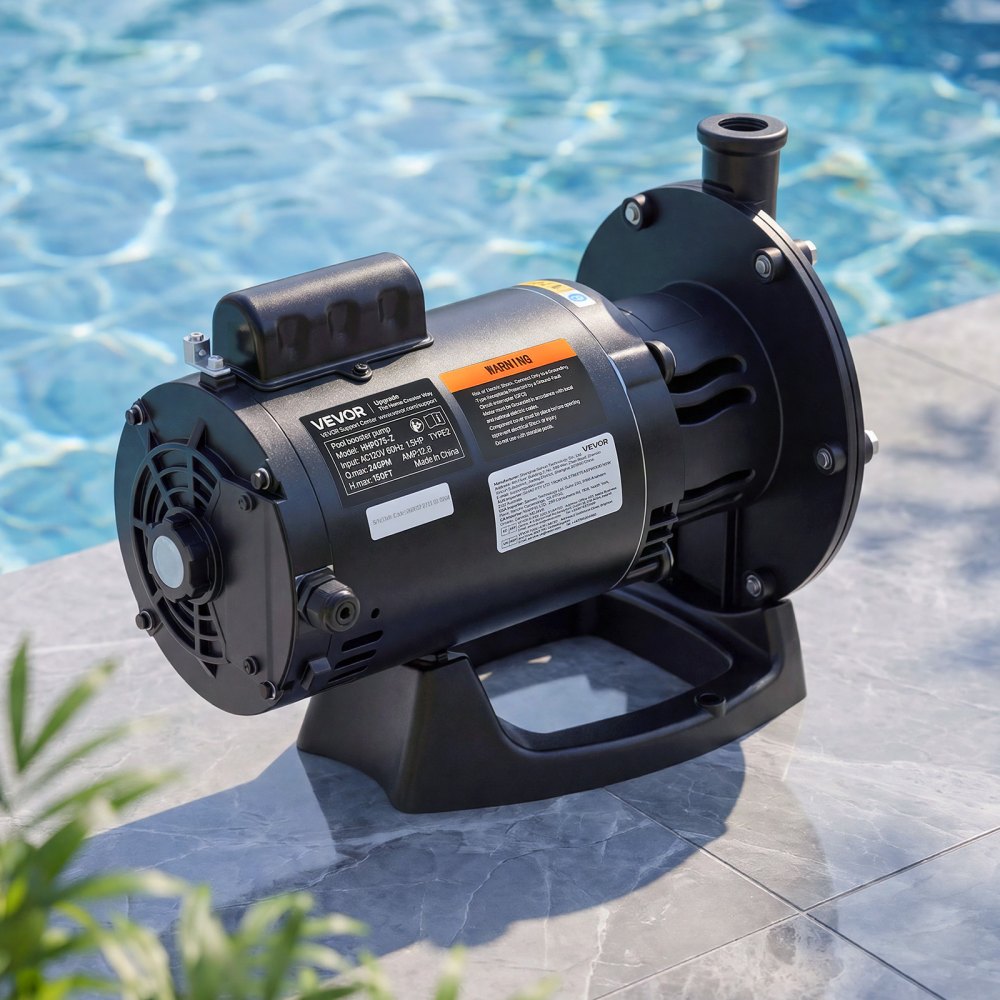 VEVOR Booster Pump 1.5 HP 24 GPM ODP Motor for Pressure Side Pool Cleaners, AC 120V Pool Booster Pump, 150 ft Max Head, NPT 3/4 in Inlet/Outlet, Wide Compatibility, Quick Connect Easy Installation