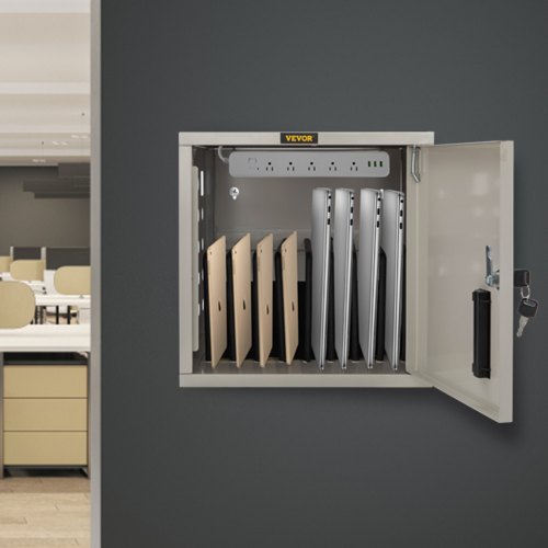 VEVOR Charging Cart, 8 Device, Charging Cabinet for Laptop Computers, Chromebook, iPad, Tablets, Up to 13-inch Screen Size, Wall Charging Box with Power Strip, USB Port, and Locking Front Door