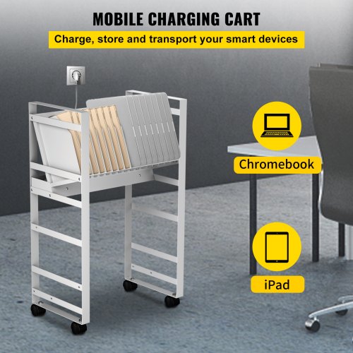 VEVOR Open Charging Cart, 16 Device, Mobile Charging Cabinet for Charge and Transport Laptop Computers, Chromebook, iPad, Tablets, Storage Cart with 16-Outlet Power Strip, Removable Dividers, White