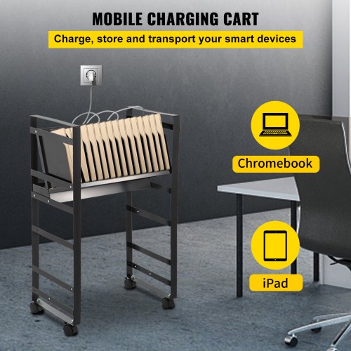 VEVOR Open Charging Cart, 16 Device, Charging Cabinet for Charge and Transport Laptop Computers, Chromebook, iPad, Tablets, Storage Cart with 2 Power Strips, 6 USB Ports, Lockable Casters, Black