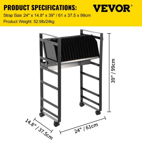 VEVOR Open Charging Cart, 16 Device, Charging Cabinet for Charge and Transport Laptop Computers, Chromebook, iPad, Tablets, Storage Cart with 2 Power Strips, 6 USB Ports, Lockable Casters, Black