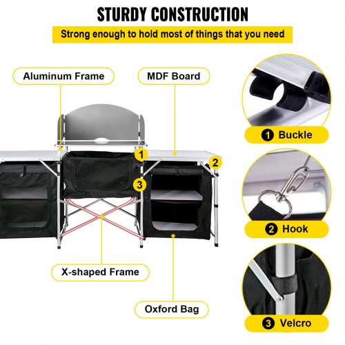 VEVOR Black Camping Outdoor Kitchen Steel Windscreen Camping Kitchen Storage Table 3 Zippered Bags Camping Cook Table 2 Side Tables Camp Cook Table Portable Outdoor Camping Table for Outdoor Activit