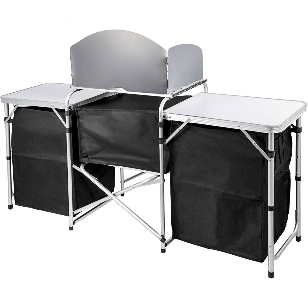 VEVOR Black Camping Outdoor Kitchen Steel Windscreen Camping Kitchen Storage Table 3 Zippered Bags Camping Cook Table 2 Side Tables Camp Cook Table Portable Outdoor Camping Table for Outdoor Activit