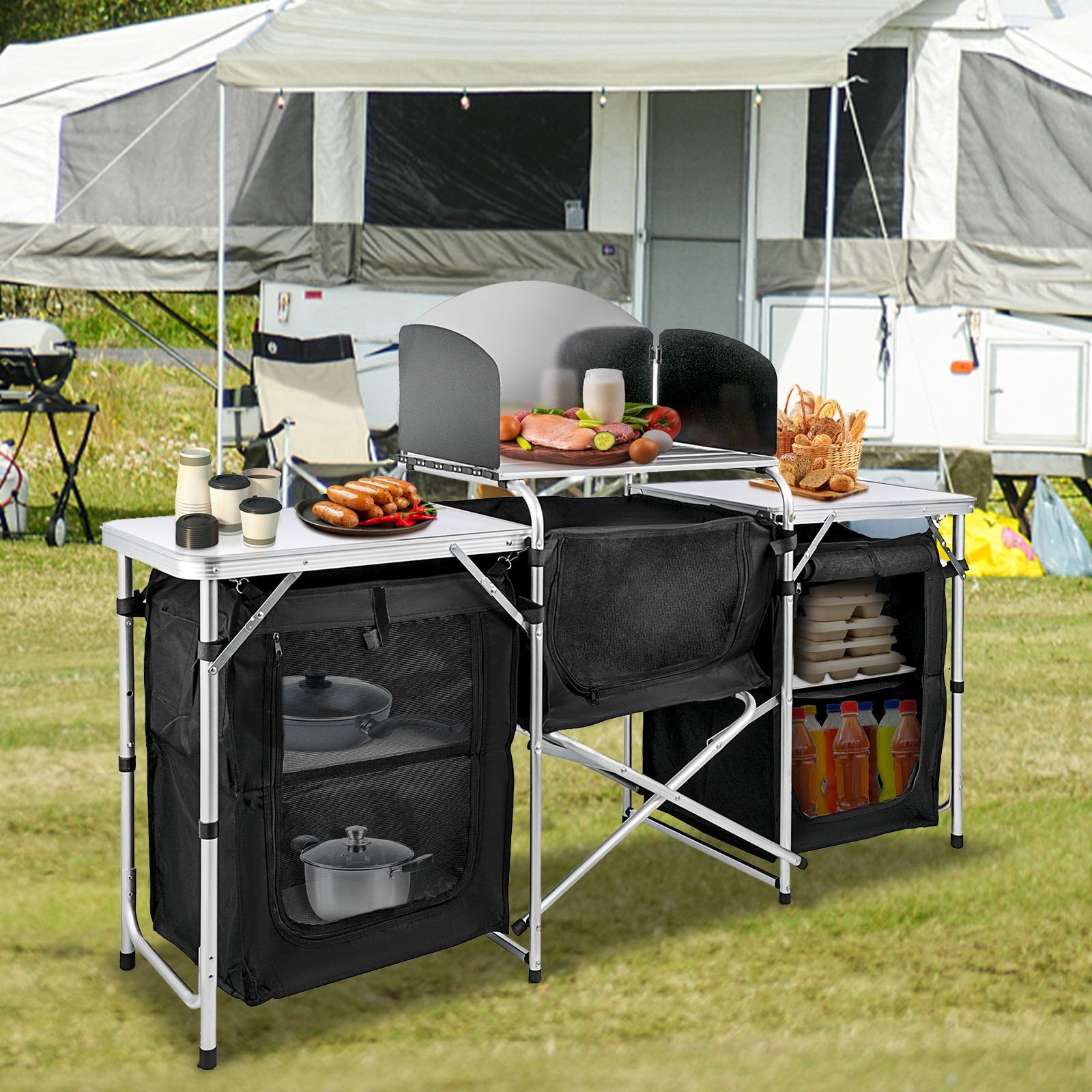 VEVOR Black Camping Outdoor Kitchen Steel Windscreen Camping Kitchen Storage Table 3 Zippered Bags Camping Cook Table 2 Side Tables Camp Cook Table Portable Outdoor Camping Table for Outdoor Activit