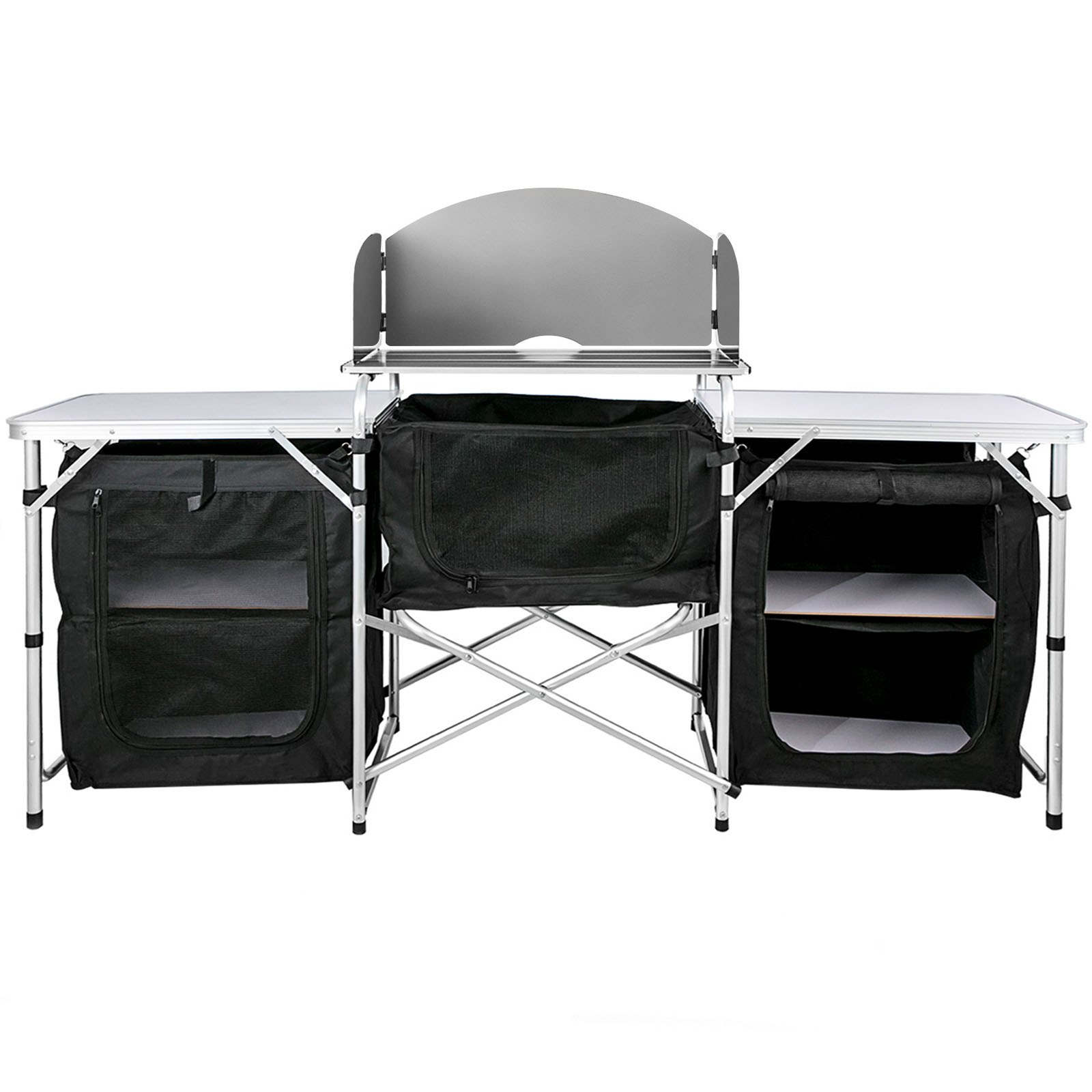 VEVOR Camping Kitchen Table, Aluminum Portable Folding Camp Cook Table with Windshield, Storage Organizer, Quick Installation for Outdoor Picnic Beach Party Cooking, Black